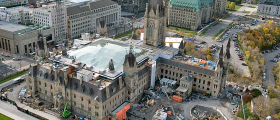External view of construction work on Parliament Hill's West Block building.